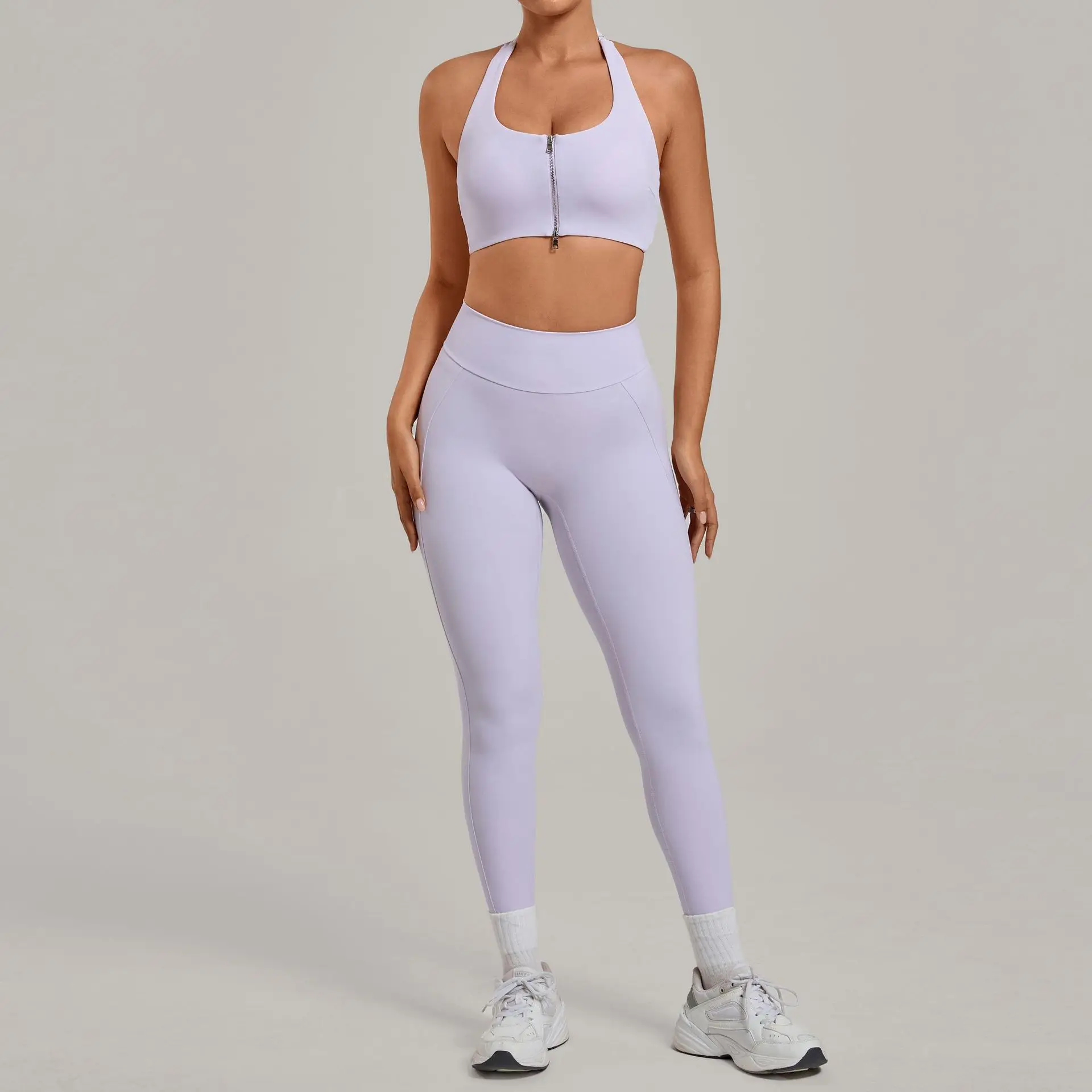 Women Halter Zip Sports Bra High Waist Scrunch Butt Leggings 2Pcs Yoga Set Gym Pilates Running Workout Fitness Athletic Outfit
