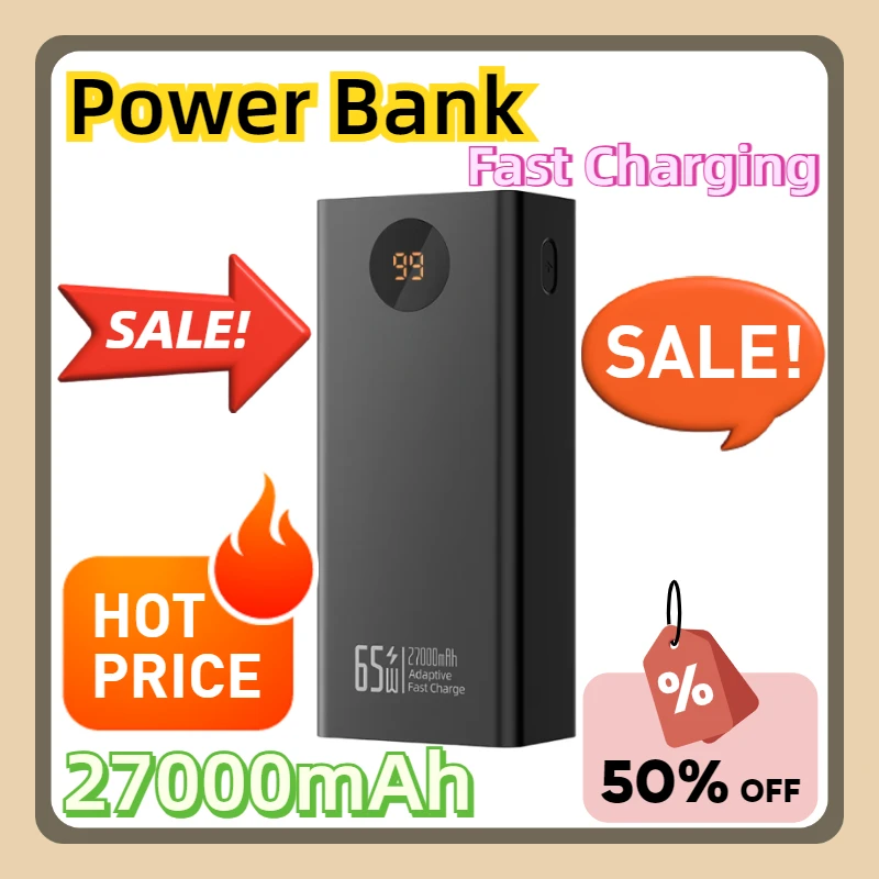 

Fast Charging 27000mAh External Battery for Xiaomi 14 Xiaomi Iphone 15 Laptop Powerful Power Bank 65W PD30W