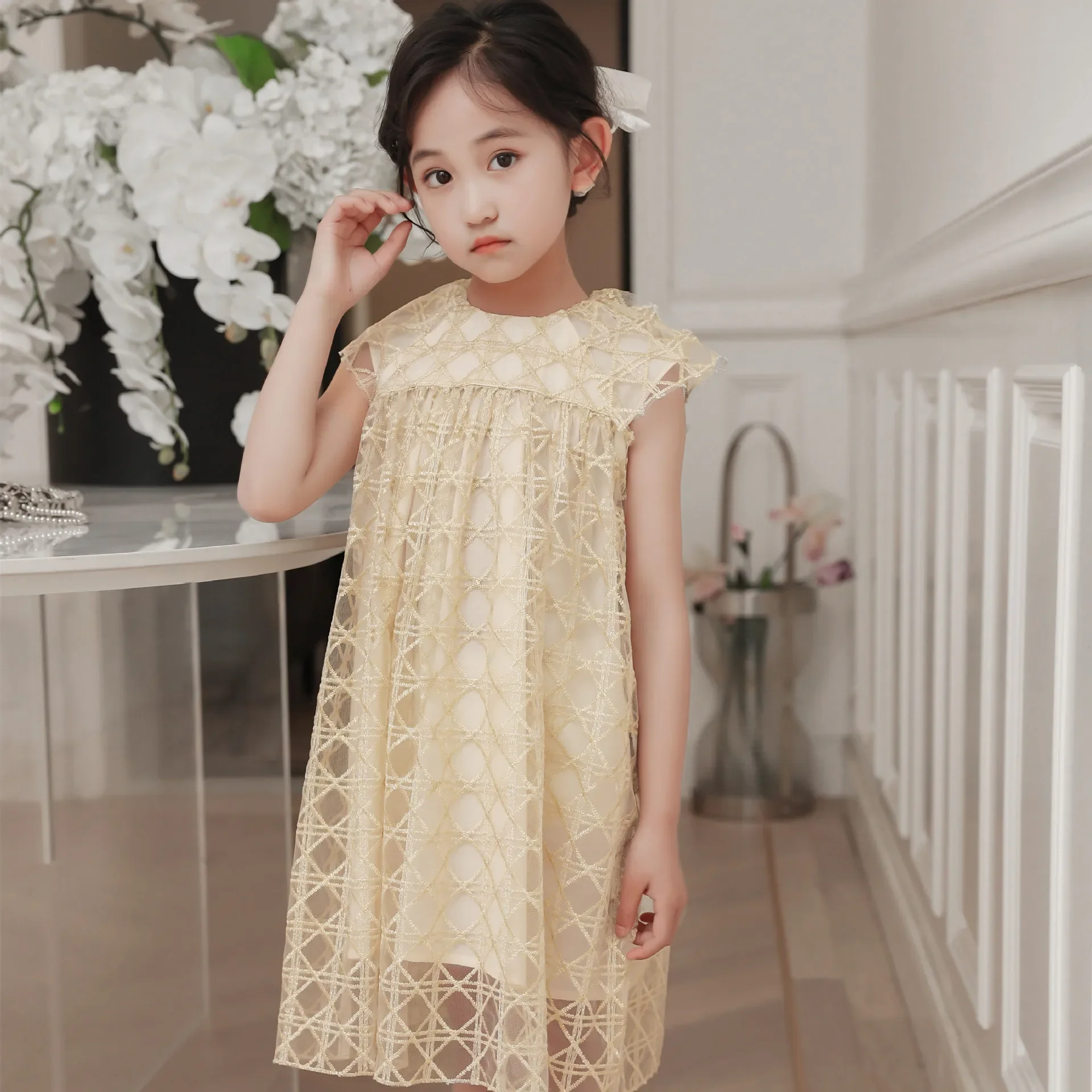 2024 Summer New Girl's Lingge Mesh Gold Thread Embroidered Flying Sleeves Big Kids Dress Princess Dress Fashion Girls Clothes