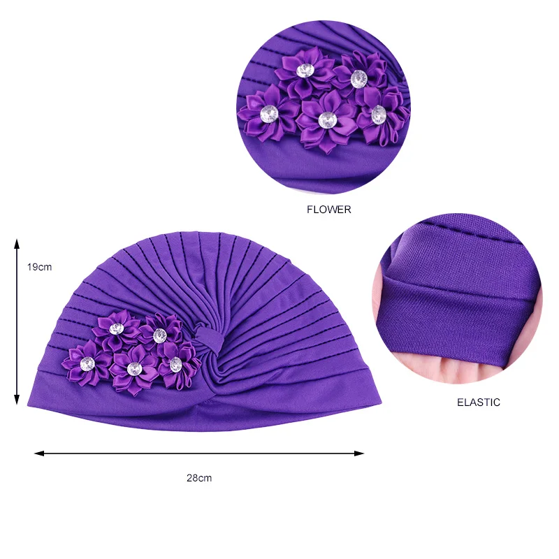 Neue elegante Frauen Strass Blume Turban Motorhaube muslimischen Hijab Kopftuch Kappen Falten Rüschen Turban Chemo Cap Hochzeit Mütze