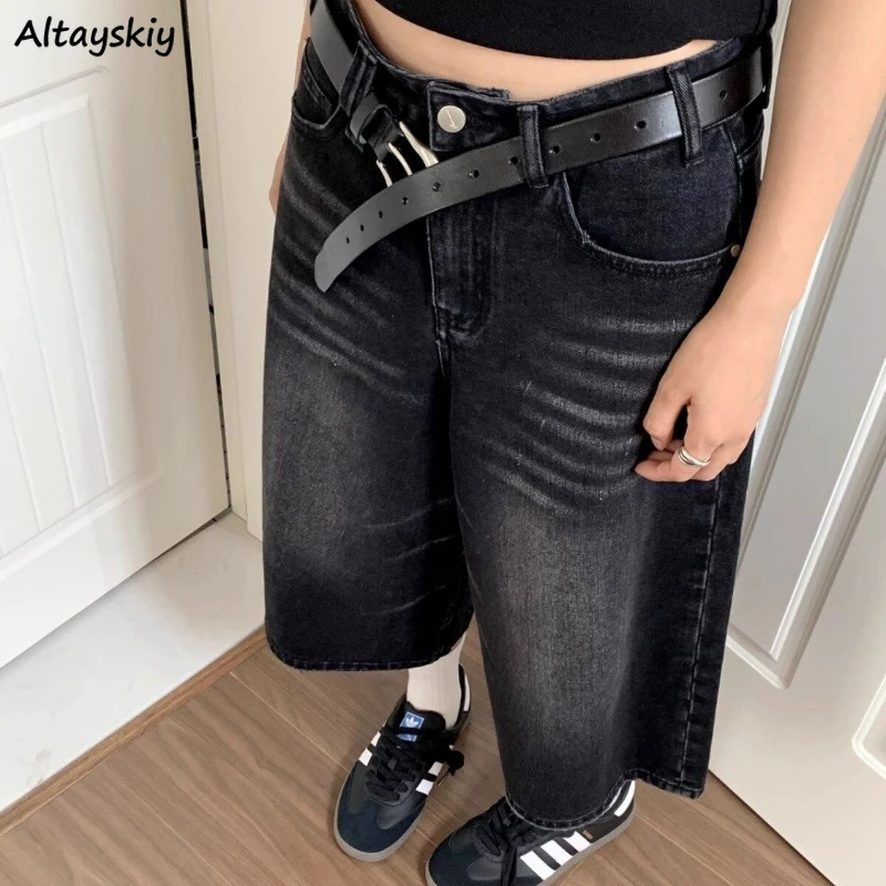 Y2k Retro Black Denim Jeans Washed Baggy Wide Leg Calf-length American Style High Waist Leisure Unisex Cool Girls Stylish Trendy