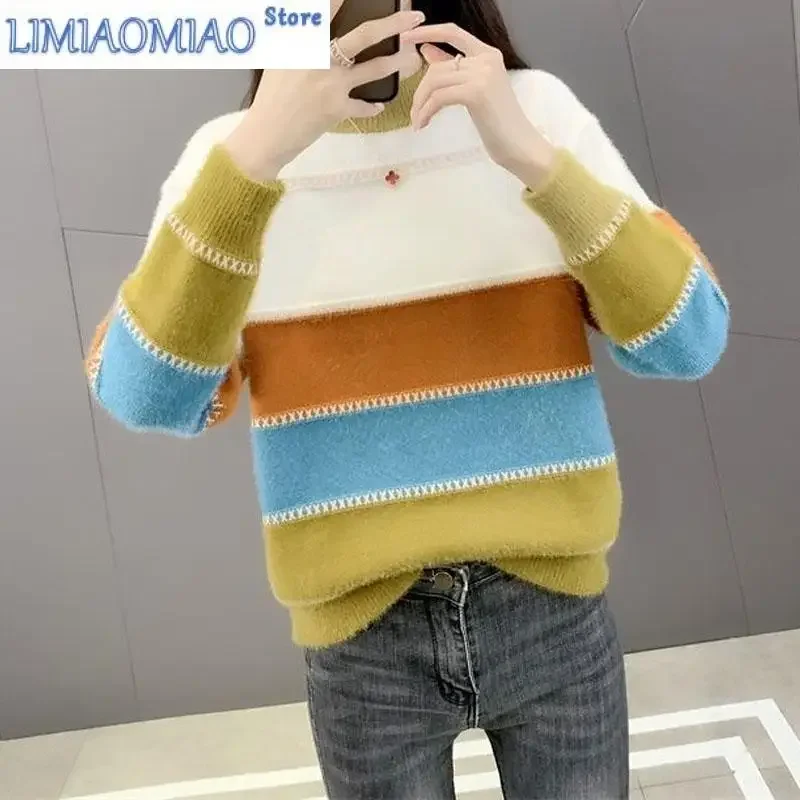 New Autumn/Winter Fashion Korean Edition Colored Mink Fleece Half High Neck Loose Versatile Western Women's Knitted Sweater