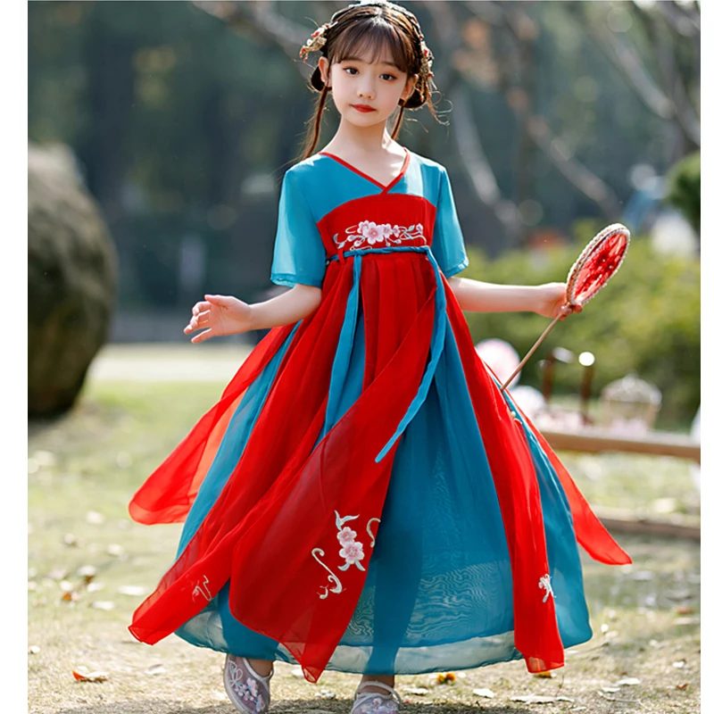 Bambino neonata abito in Chiffon Vintage fiore ricamo Patchwork bambini Hanfu Costume Cosplay Kid Fairy stile antico verde