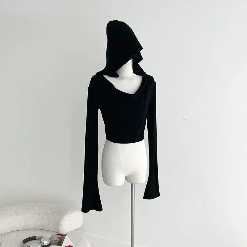 Gothic Black Tshirts for Women Y2k Crop Tops Shirts 2024 Summer Hooded Long Sleeve Tees Korean Fashion Casual Sexy T Shirt New