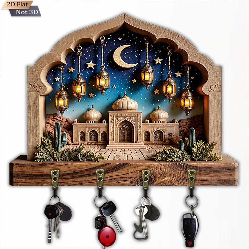 2D Flat Single-piece Desert Star Moon Lantern Wooden Key Hook, Wooden Multi-functional Home Door Key Hook with Four Metal