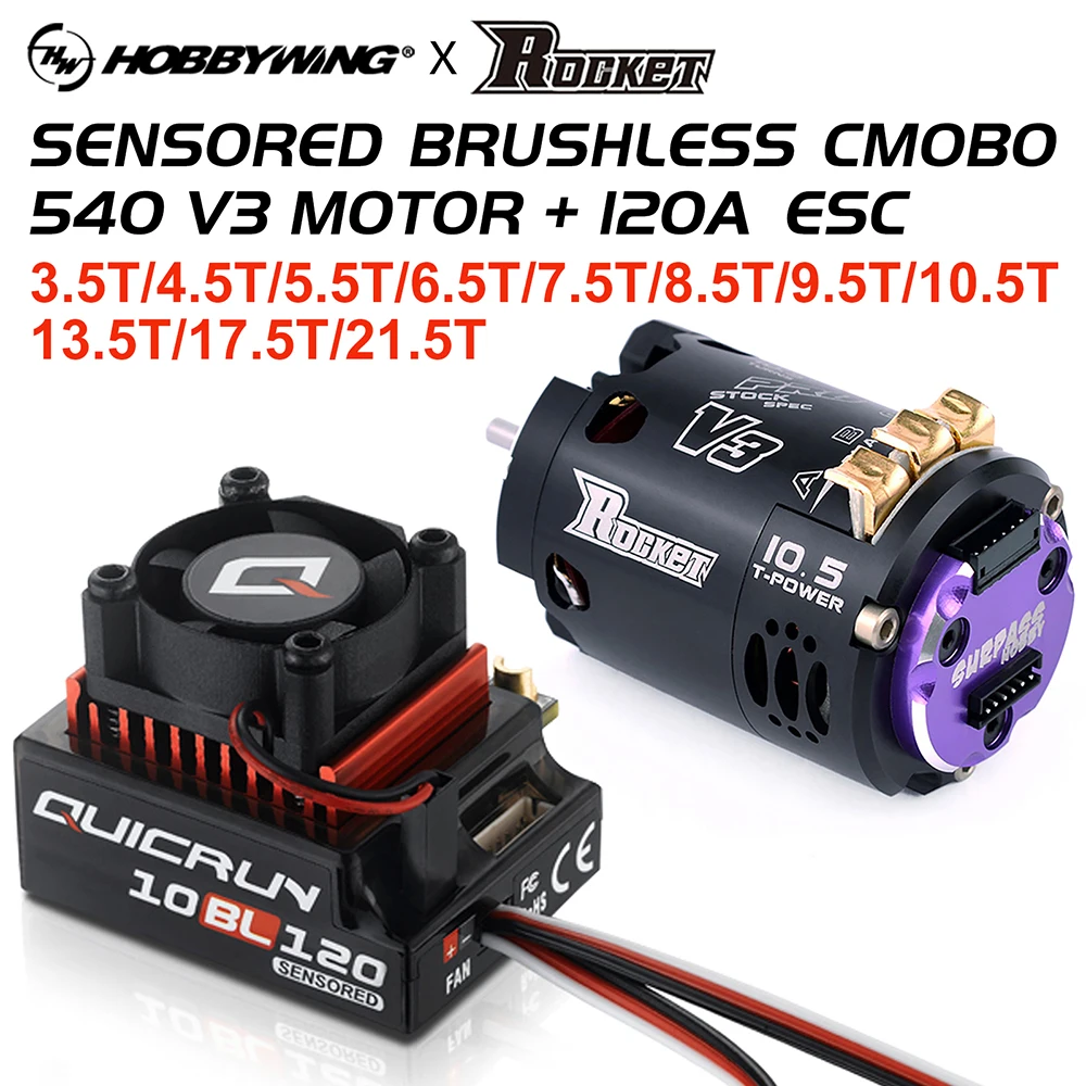 

Hobbywing QUICRUN 10BL120 120A ESC w/Rocket 540 V3 4.5T 10.5T 13.5T Motor Sensored Brushless Combo for 1/10 1/12 F1 RC Car