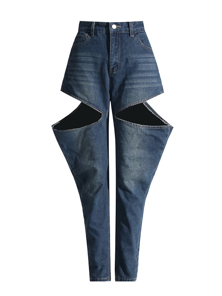 Pantaloni in Denim con tasca Patchwork scavati per le donne pantaloni a gamba larga Chic con bottoni impiombati a vita alta moda femminile nuovo