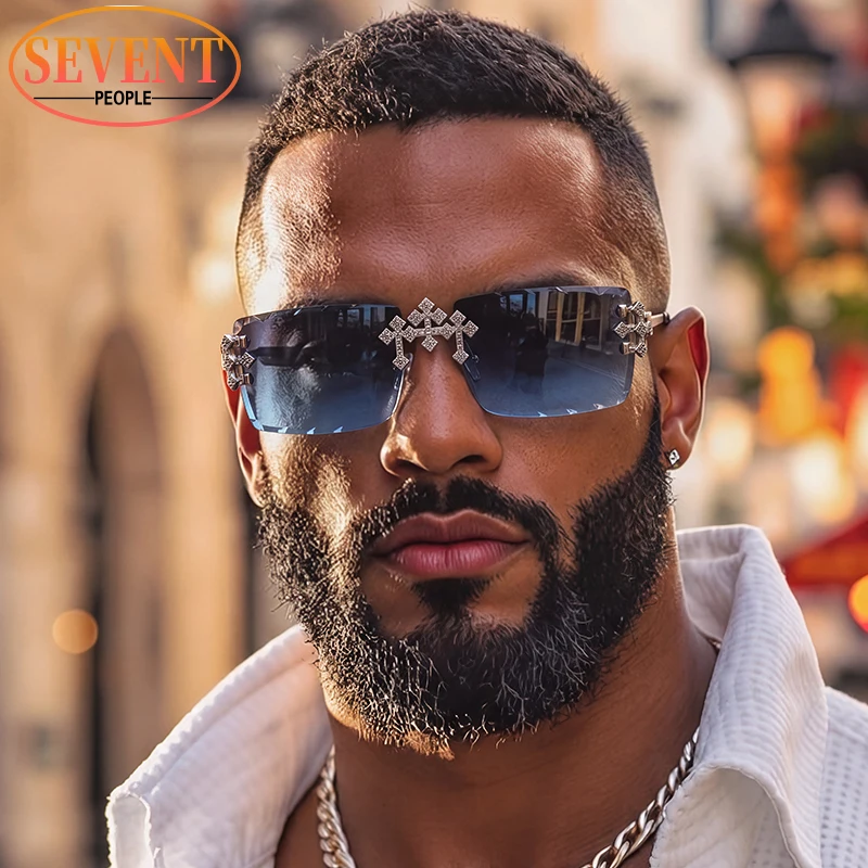 Trendy Rimless Rectangle Sunglasses Men 2026 Luxury Brand Vintage Metal Driving Sun Glasses For Male Classic Cut Edges Shades