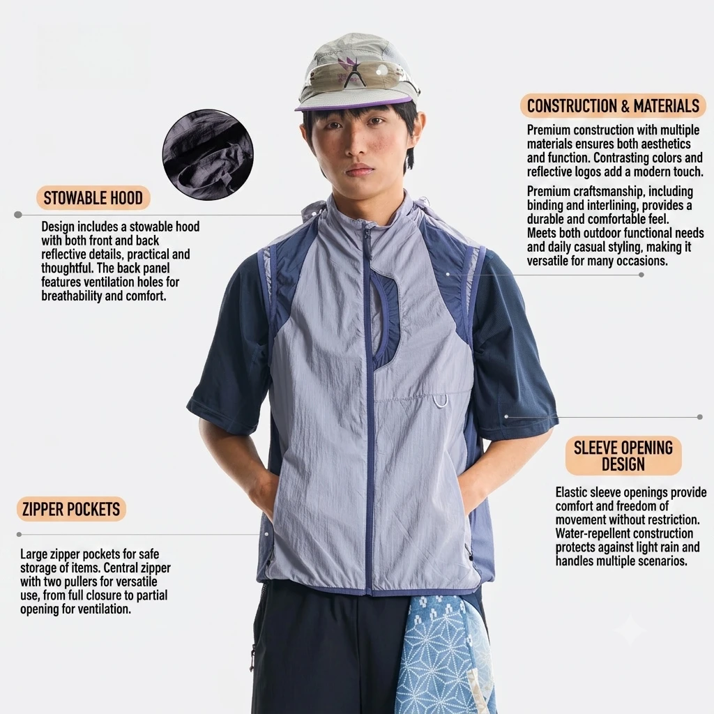 Men Outdoor Hiking Vest Lightweight Breathable Quick-Dry Sun Protection Water-Repellent Reflective Color-Block Packable Hooded