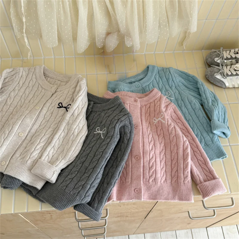 

Baby Girls Sweater Cardigan Children Winter Thick Knitted Jumper 2025 New Bow Casual Coats Kids Warm Knitted Sweaters 2-8Y