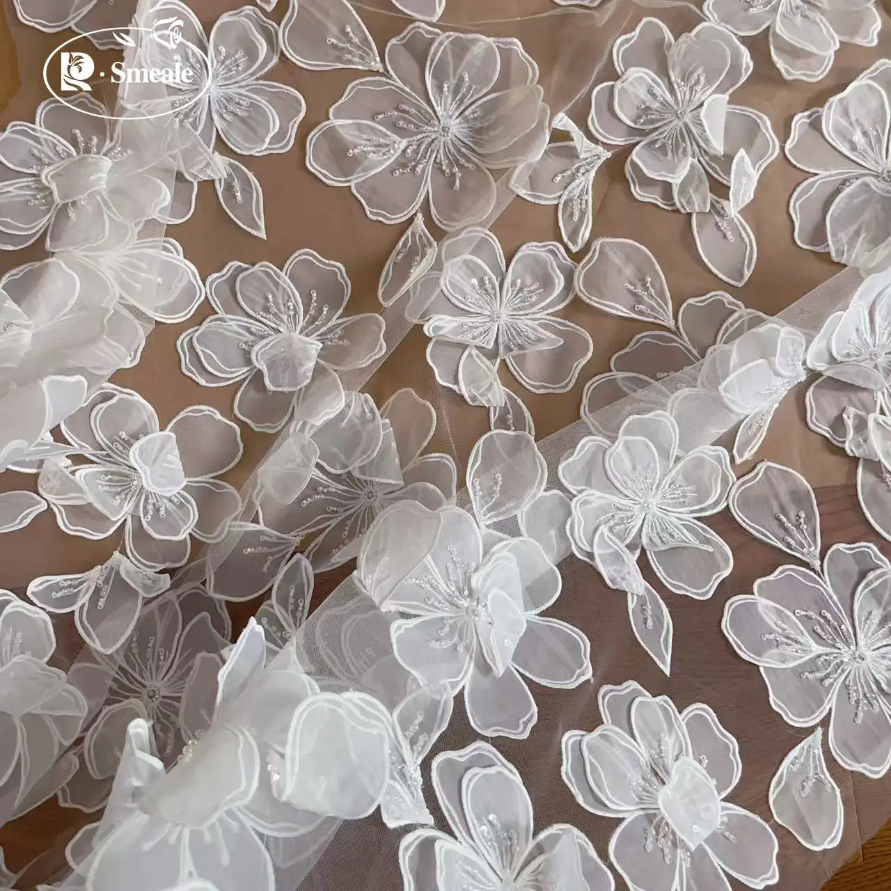 NEU Große Blumen Perlen Pailletten Hochzeitskleid Spitzenstoff.3D bestickte Applikation Schöner Brautstoff – Detail 4