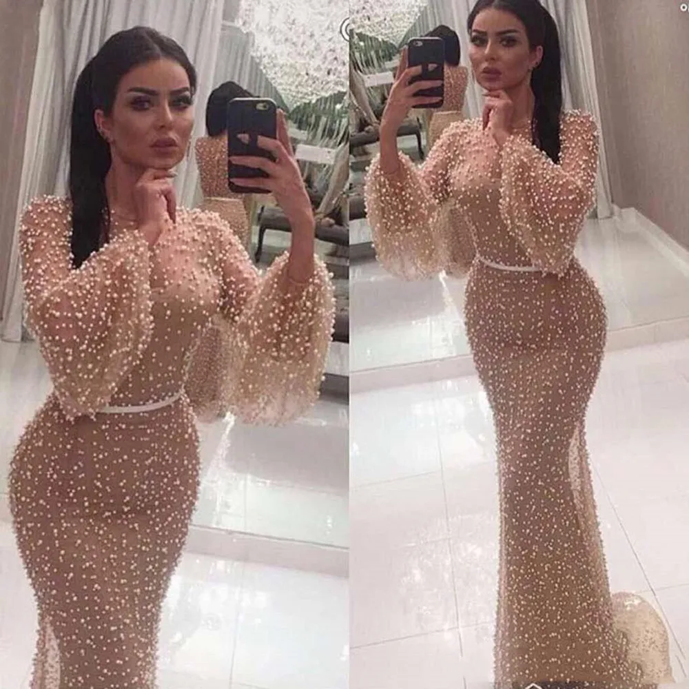 

Luxury Heavy Pearls Arabic Dubai Champagne Mermaid Prom Dress Jewel Neck Long Sleeves Floor Length Formal Lace Evening Dresses