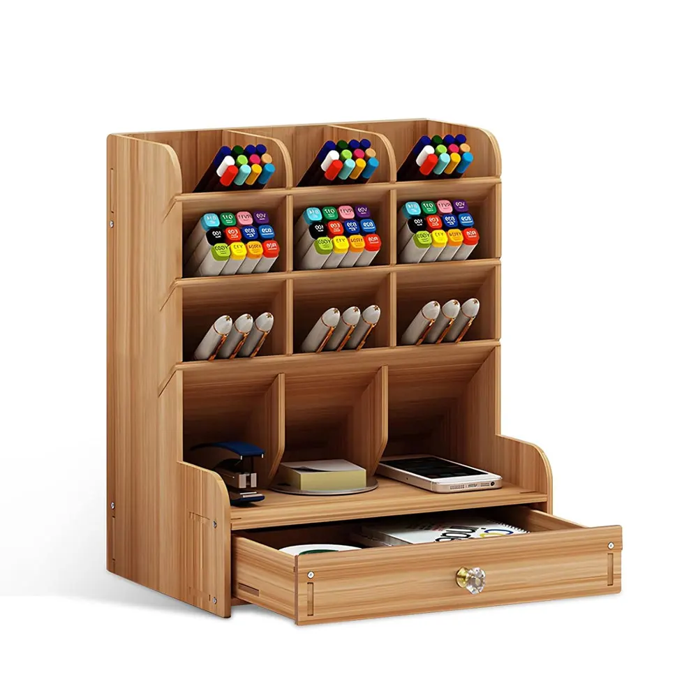 Wooden desktop storage rack, multi-functional DIY pen holder box, desktop stationery storage with drawers, easy to assemble.