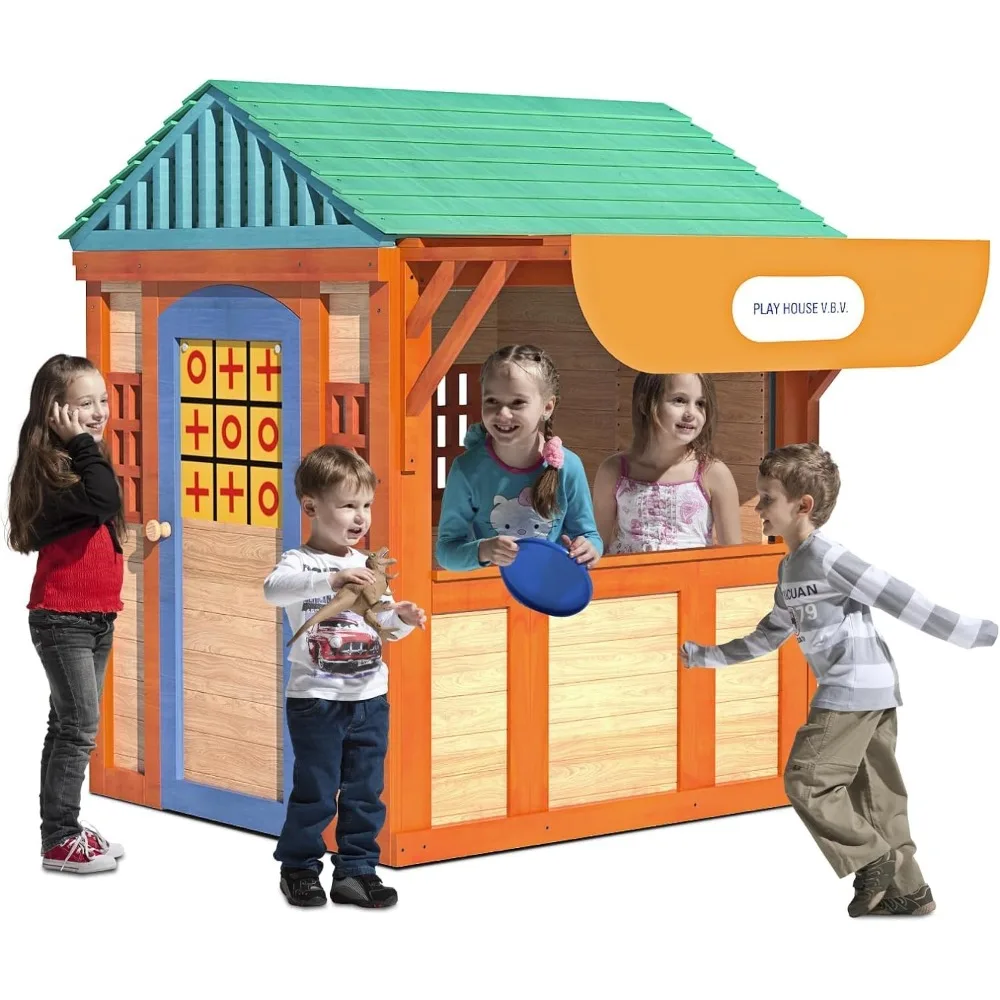 

Outdoor Wood 4-in-1 Game House for All Kids, Boys and Girls Ages 3+, Garden Playhouse with Different Games on Every Surface