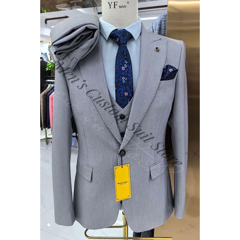 

Light Grey Blue Men Suits Groom Tuxedos Coat Pant Design Latest Peaked Lapel 3 Pieces Business Formal Wedding Suits for Men