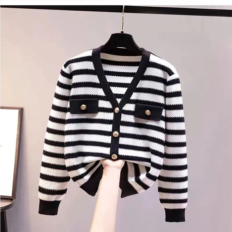 

Spring Autumn Striped Knit Cardigan Ladies 2025 New Fashion Long Sleeves Loose Knitwear Jacket Women's Casual Sweater Female Top