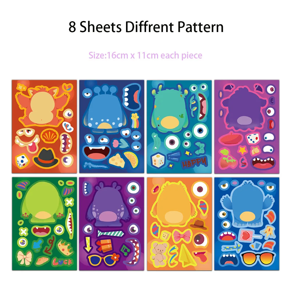 8/16Sheets Little Monster Makes a Face Puzzle Sticker DIY Phone Laptop Luggage Skateboard Graffiti Decals Fun for Kid Gift
