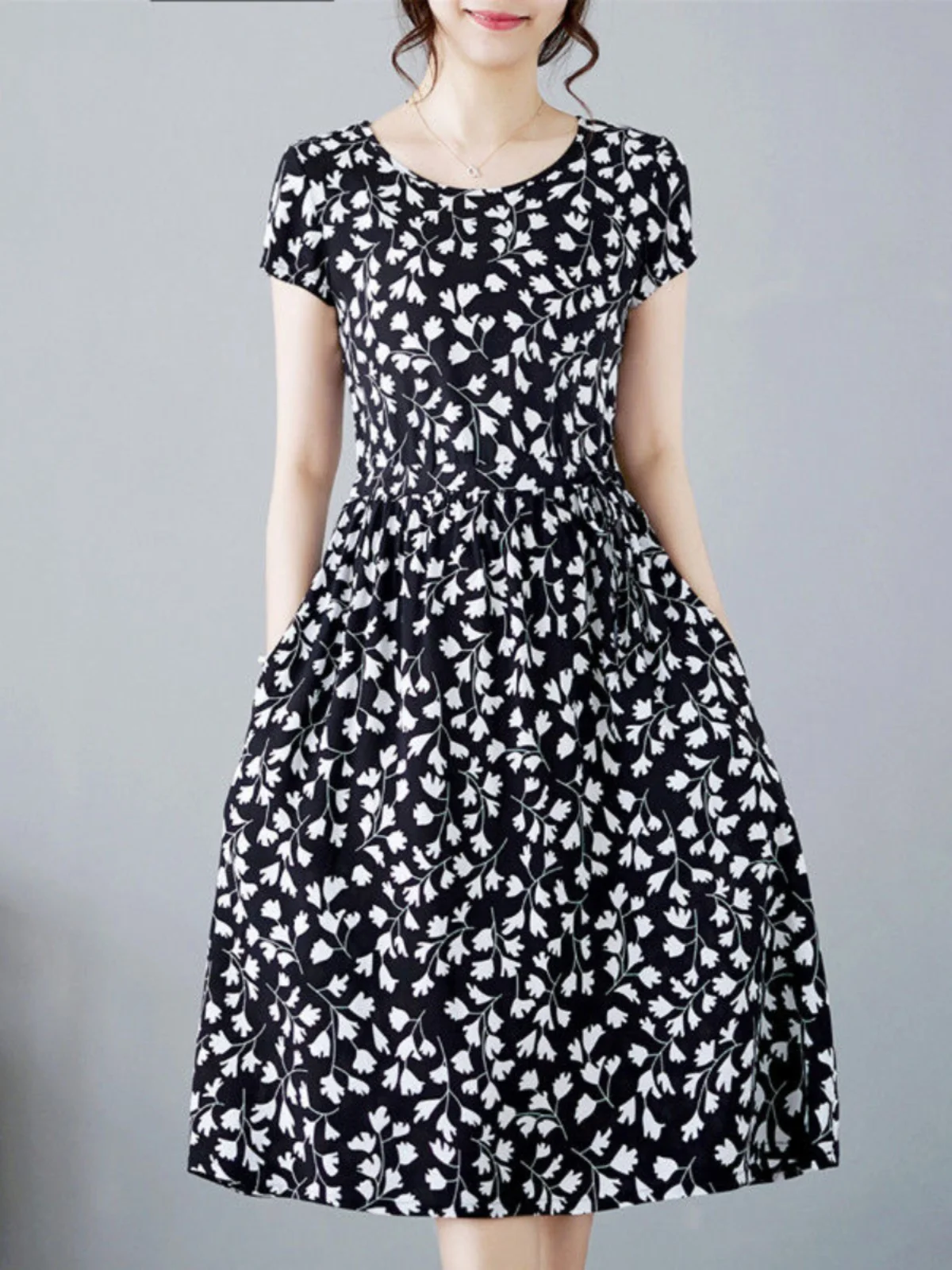 women's-cotton-silk-short-sleeve-dress-summer-new-fashion-loose-slimming-waist-cinching-belt-over-knee-mid-length-three-piece