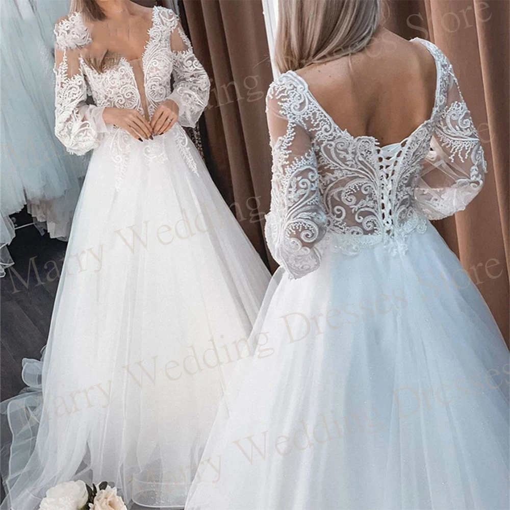 Graceful Modern A Line Women's Wedding Dresses Exquisite Appliques Lace Up Bride Gowns Generous Long Sleeve Vestidos De Novias