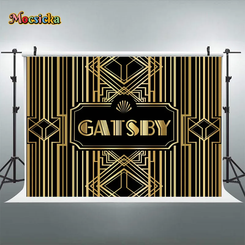 Mocsicka grande gatsby decoração pano de fundo fotografia feminino aniversário dourado preto luxo foto fundo estúdio cartaz banner