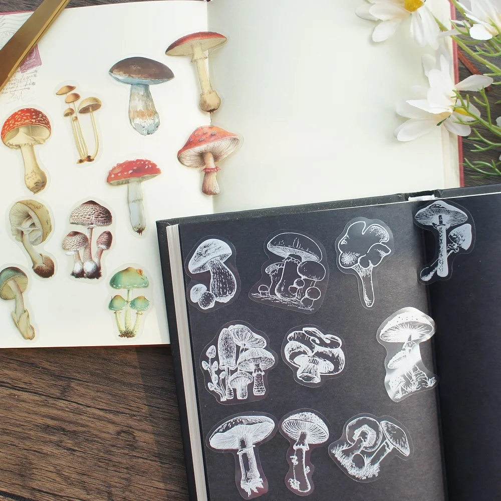 38pcs Picking Mushroom White Draft Design Transparent Sticker Scrapbooking DIY Gift Packing Label Gift Decoration Tag