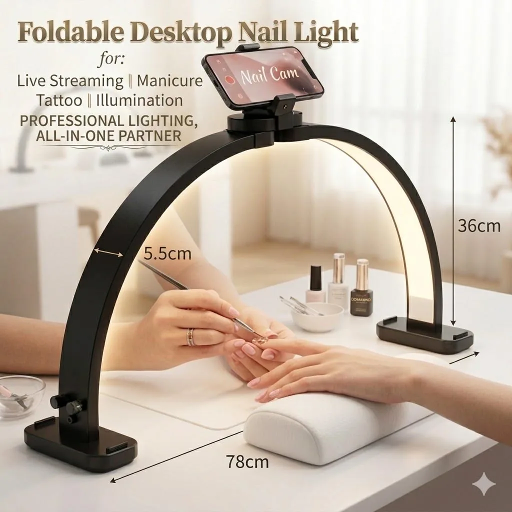 2026 New Foldable Desktop Nail Half Moon Lamp 48W High Bright Arc Photography Fill Light Phone Holder Beauty Salon Work Lamp