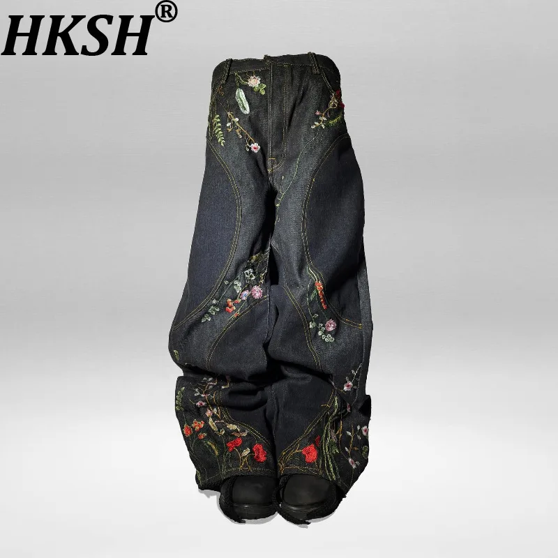 HKSH 2025 ربيع الخريف جديد رجل المد Y2K فضفاض واسعة الساق الجينز تطريز أنيق شارع العليا الدنيم السراويل شيك Ins طباعة HK10247