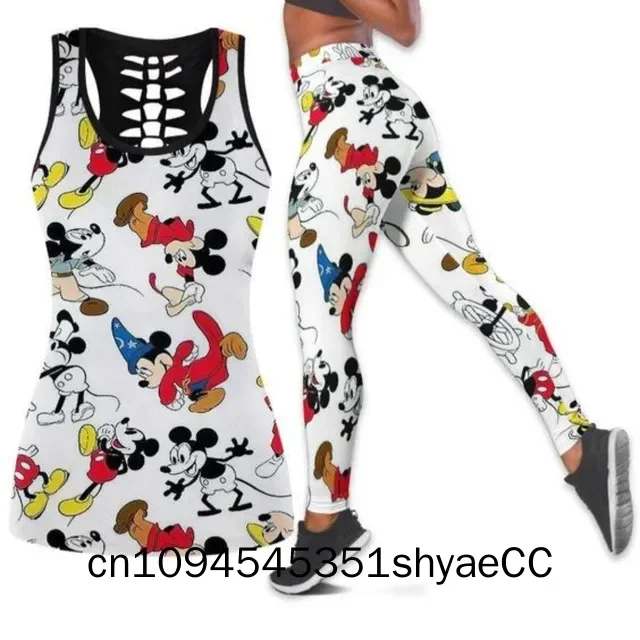 

2025 New Mickey Mouse Women's Hollow Vest Women's Yoga Suit Fitness Leggings Sports Suit Disney Tank Top Legging Set Outfit