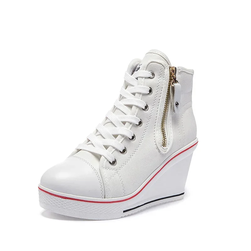 Women Hidden Wedge Invisible Heel Canvas Shoes Female Wedge Side Zipper Increased Casual High  Breathable Platform Sneakers