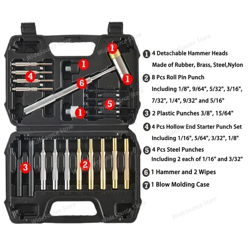 21Pcs Roll Pin Punch Set Dual-sided Brass Hammer Professional Gunsmithing Punch Tools Portable Hand Tools Kit Gun Maintenance