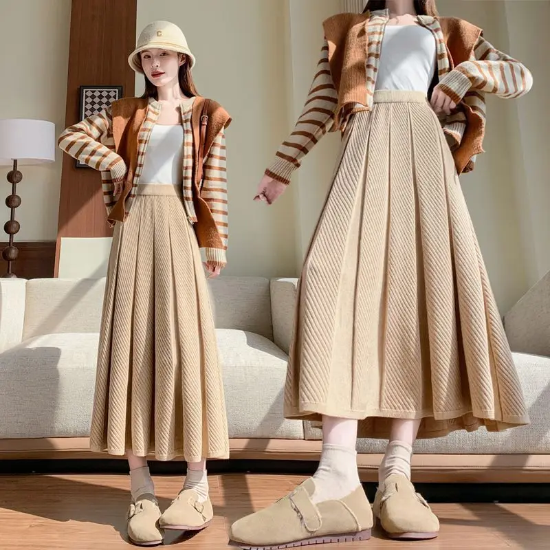 

2025 Elegant New Knitted Skirt for Women High-Waisted A-Line Pleated Skirts Female Autumn Winter Loose Long Warm Skirts