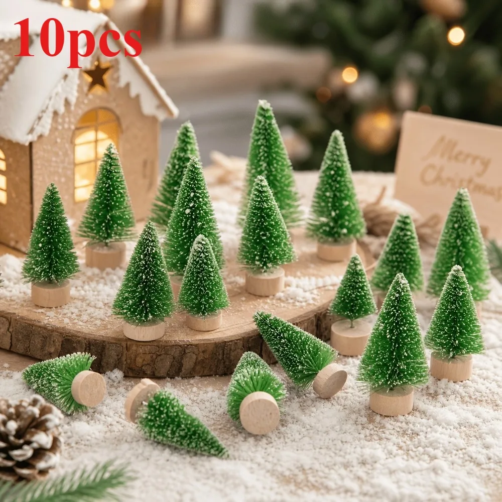10Pcs Mini Christmas Trees, Artificial Snow Sisal Bottle Brush Trees with Wooden Bases, Tabletop Holiday Home Decor