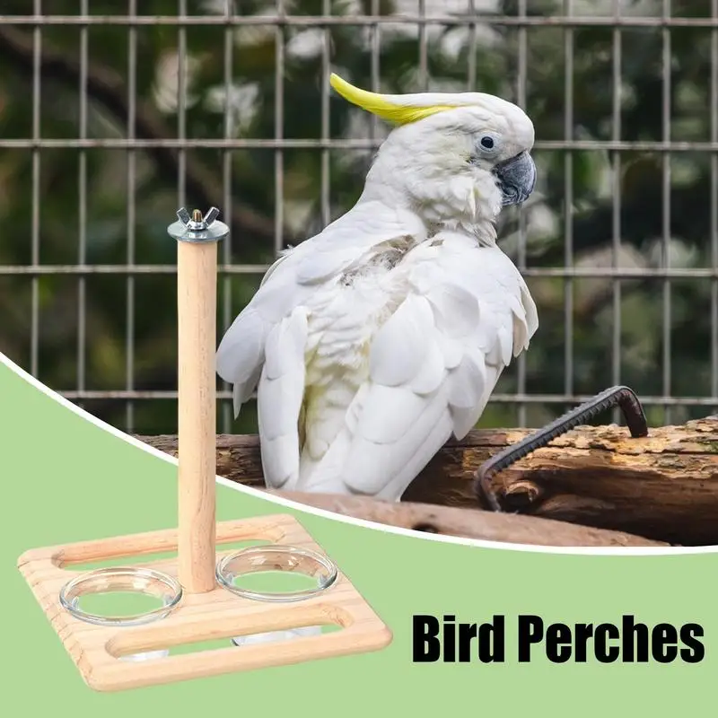 Bird Perch With Bird Feeding Cups Wood Parrot Stand With Food Water Bowl For Cockatiel Budgies