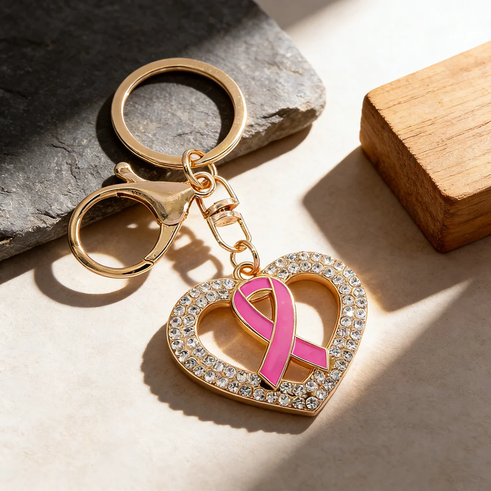 Pink Ribbon Heart Keychain Rhinestone Jewelry Accessory Breast Cancer Awareness Bag Pendant Decor Creative Accessory