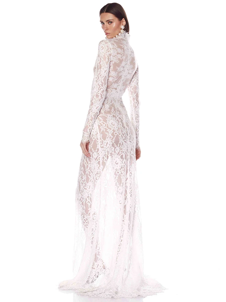 Abito lungo da donna con taglio maxi in pizzo Abito da mattina da sposa sottile con spacco alto sexy senza schienale e maniche lunghe con scollo a V profondo