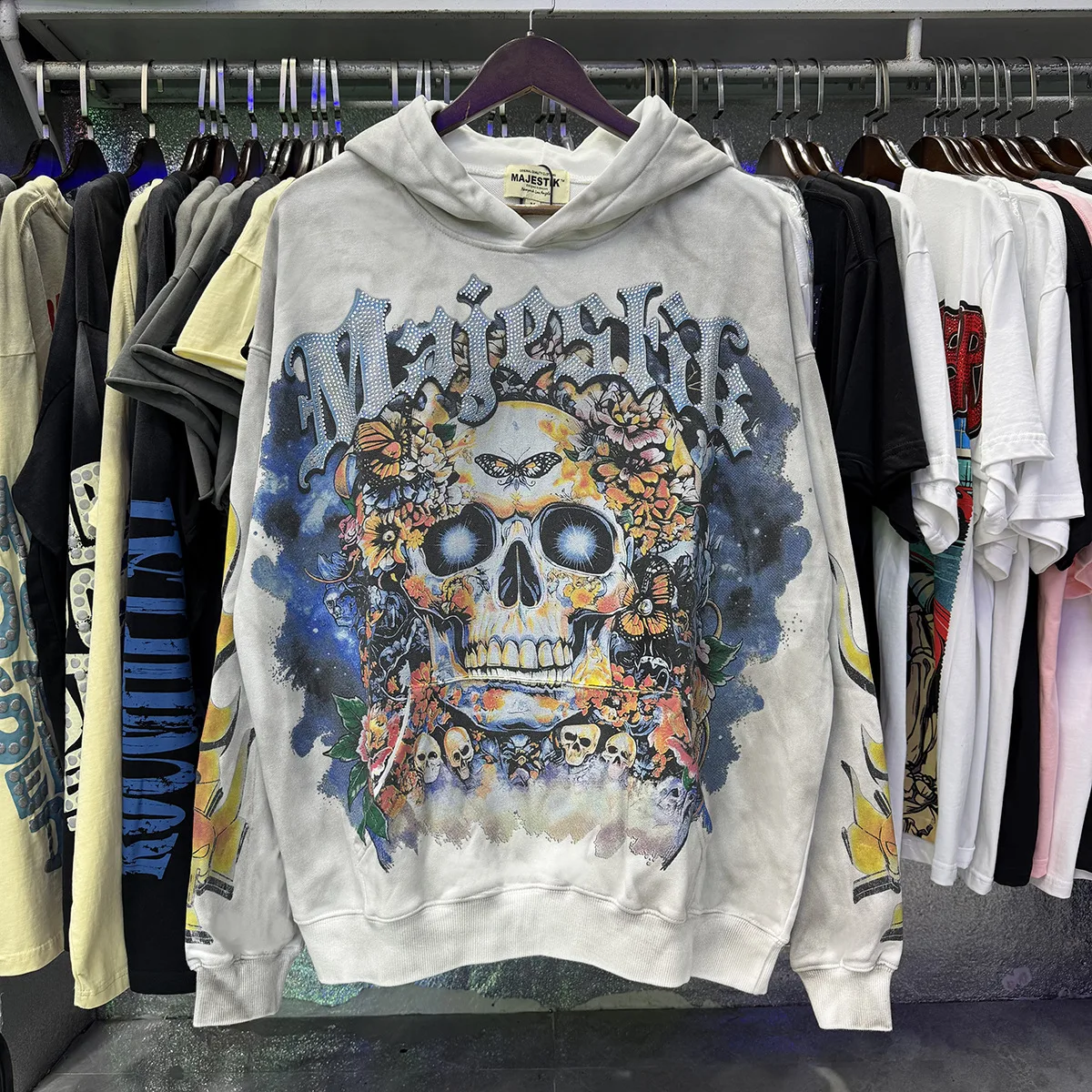 Oversized Hooded Sweatshirt Pullover for Men Women Vintage Washed Skull Flower Graphic Hoodie Hip Hop Urban Streetwear Clothes