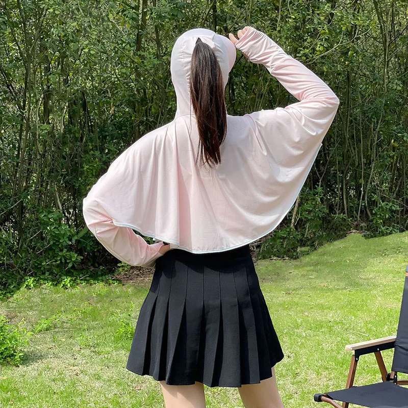 ملابس واقية من الشمس بغطاء للربط للنساء ، رقيقة سريعة الجفاف ، عباءة حرير ثلجي ، قبعة قميص واقي من الشمس ، معطف خارجي والأشعة تحت البنفسجية ، الصيف