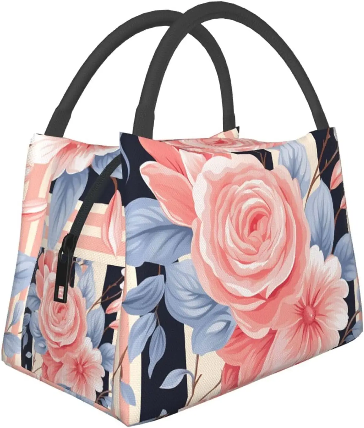 

Lunch Bag for Men Women Insulated lunch Box Flowers Stripe Lunchbox food tote bag for Work Bag with Side Pockets