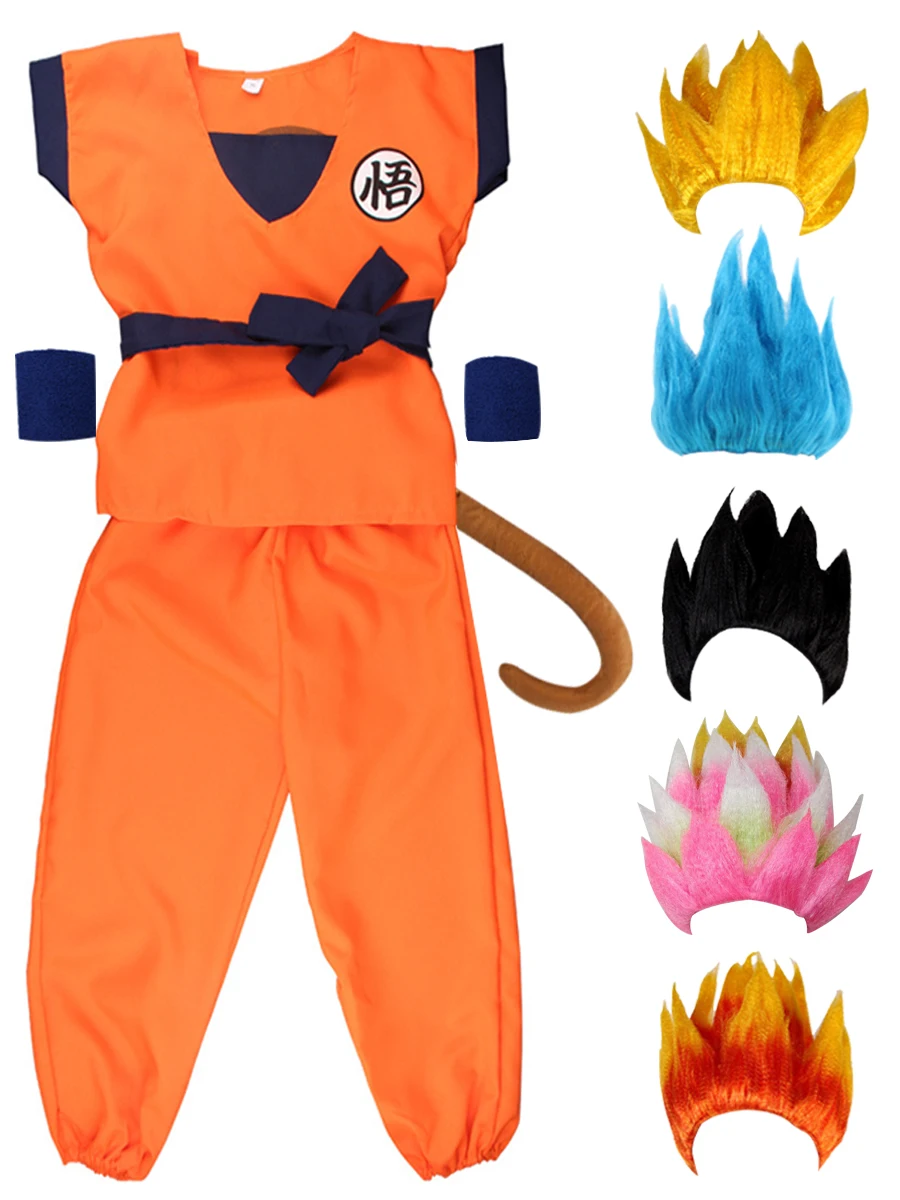 

Halloween Adult Kids Suits Son Goku Gui Carnival Anime Cosplay Holiday Costumes Tail Wrister Wig Blue Gold Children Dress Up