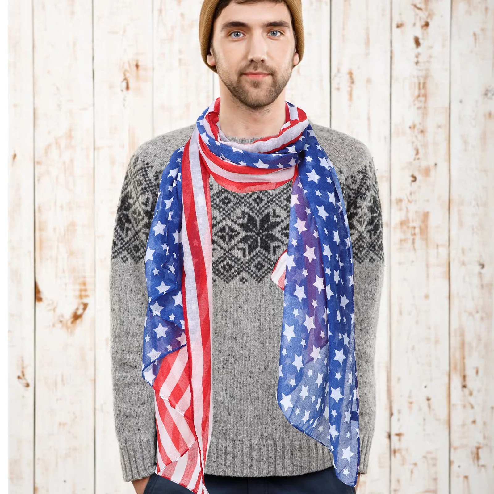 American Flag Yarn Scarf Star Stripe Print Soft Comfortable Fashionable Patriotic Celebrations Women Fall Spring