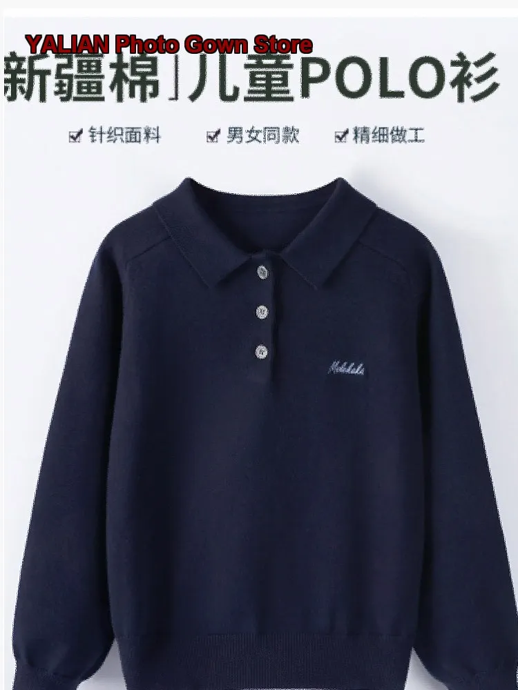 Girls Polo Knit Top Spring Autumn Boys Long Sleeves T-Shirt College Style Embroidered Boys Turn-Down Collar Shirt Kids