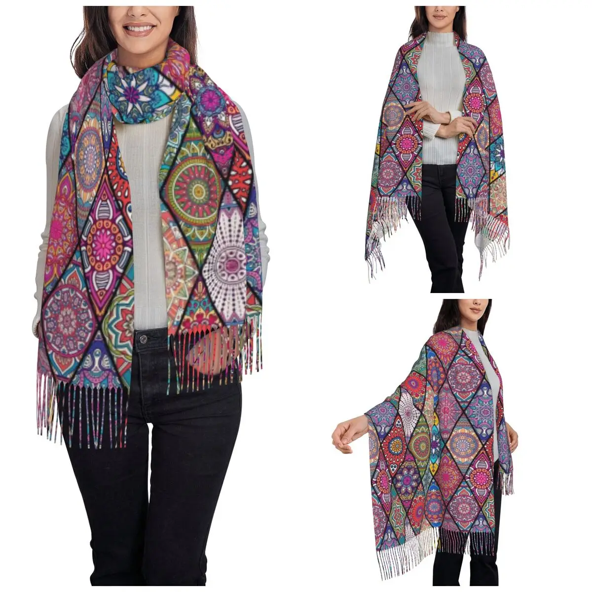 Bohemian Mandala Scarf for Women Winter Fall Shawls and Wrap Boho Ethnic Large Scarves with Tassel Lightweight