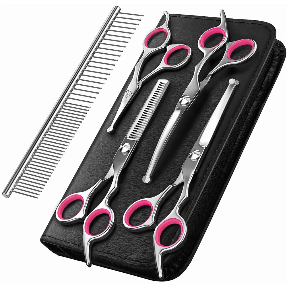 Set of 4 animal shears Stainless steel Comb Storage pouch Silver/Rhogany/Blue