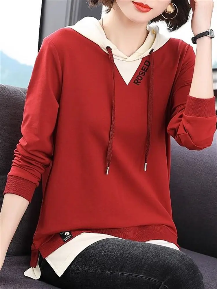 Spring Autumn Thin Hoodie Women's Long Sleeve Base Shirt Fake Two-Piece Comfortable Loose Fit Commute Style Mid-Length T-Shirt