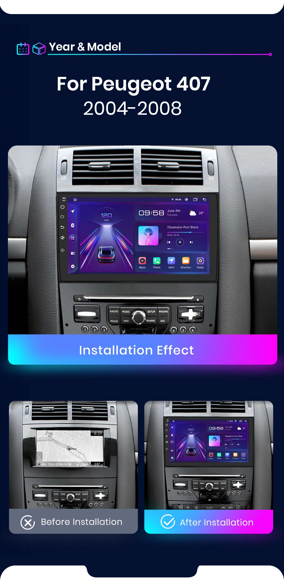 Junsun Kabelloses CarPlay Android Auto Autoradio für Peugeot 407 2004-2011 2 DIN Multimedia-Stereoanlage mit Eingebautem Kühlventilator GPS-Navigation SWC Bluetooth FM RDS DSP IPS-Bildschirm Auto-Intelligentes System 4G WiFi 8-Kern Plug&Play Haupteinheit – Detail 4