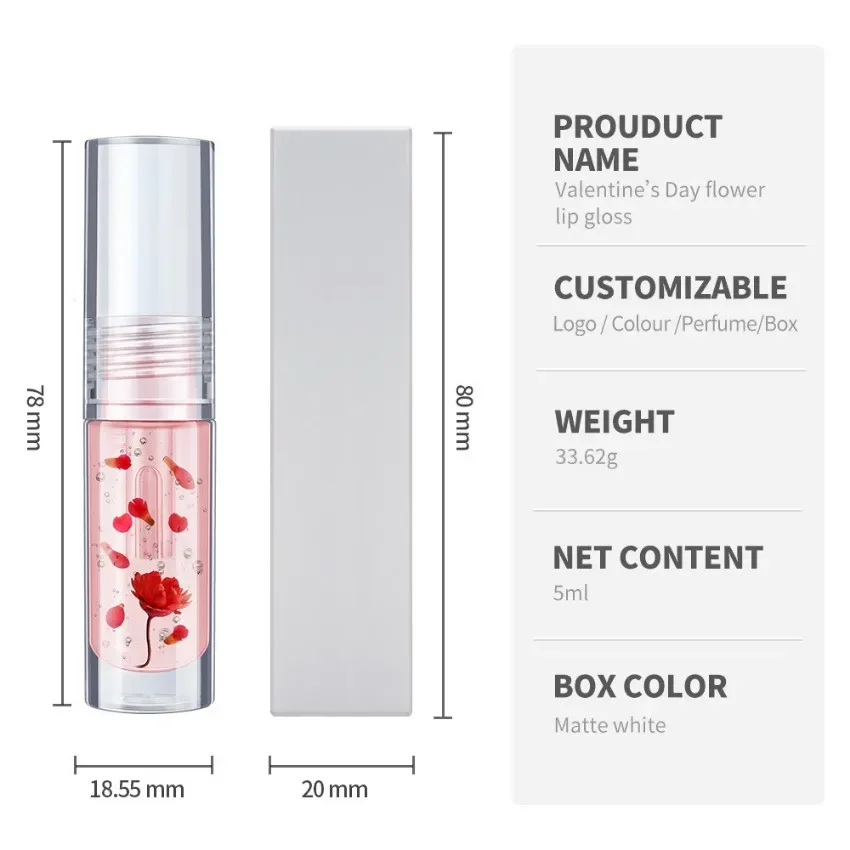 Private Label 5colors Flower Clear Lip Oil Nourishing Long Lasting Easy To Apply Color-changing Hydrating Vealentine's Day Gift