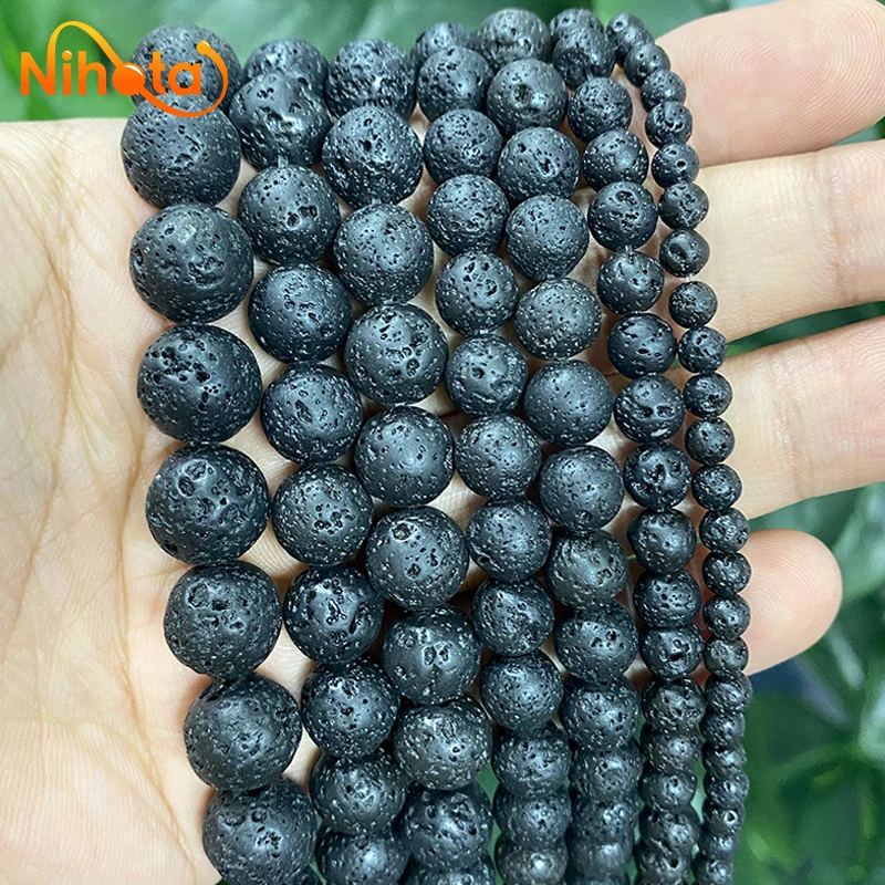 4/6/8/10/12mm Natural Black Volcanic Rock Lava Stone Round Loose Bead DIY Bracelet Earrings  For Jewelry Making 15'' Strand