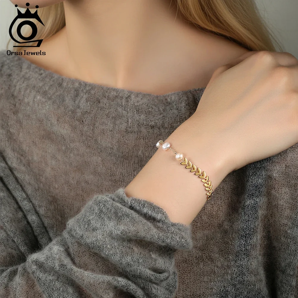 

ORSA JEWELS 925 Sterling Silver Vintage Chunky FishBone Link Chain Bracelet with Pearl for Women Girls Fashion Jewelry GPB45