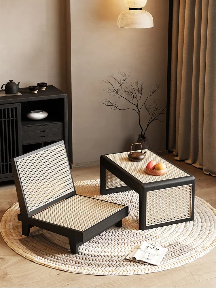 Solid wood rattan woven tatami table and chair combination balcony single person leisure small tea table and backrest chair