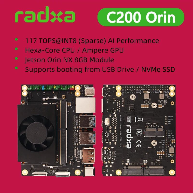 

Комплект разработчика Orin Radxa C200/Jetson Orin NX 8 ГБ/Super Mode 117 TOPS/ Edge AI, с радиатором (попередняя установка на модуле)